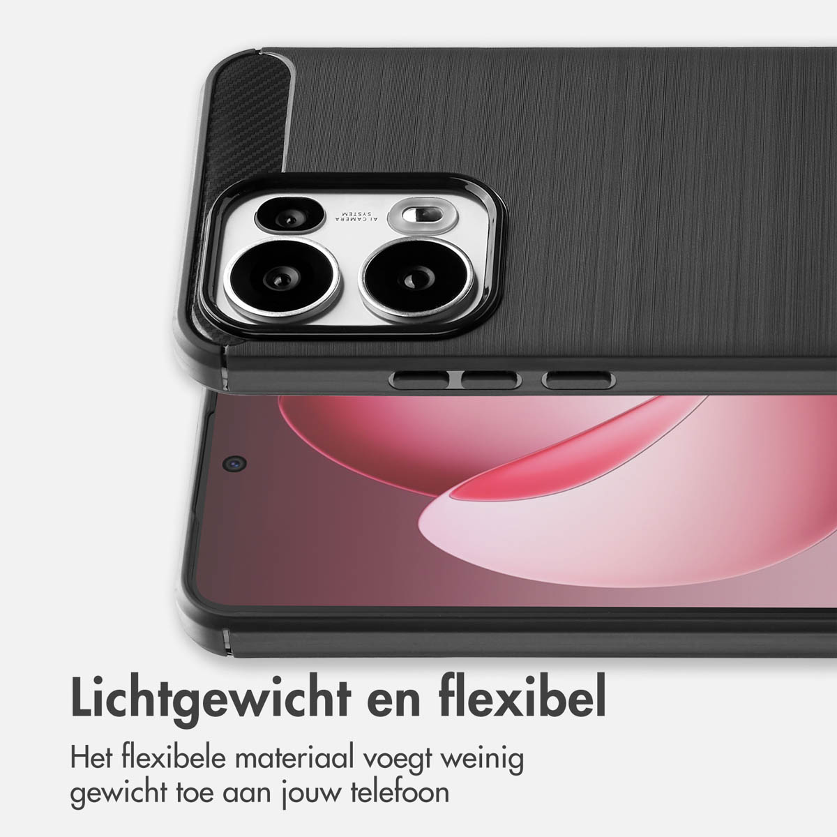 Hoesje met telefoon erin. De hoes is zwart met een getextureerde achterkant. Text: Lichtgewicht en flexibel.
