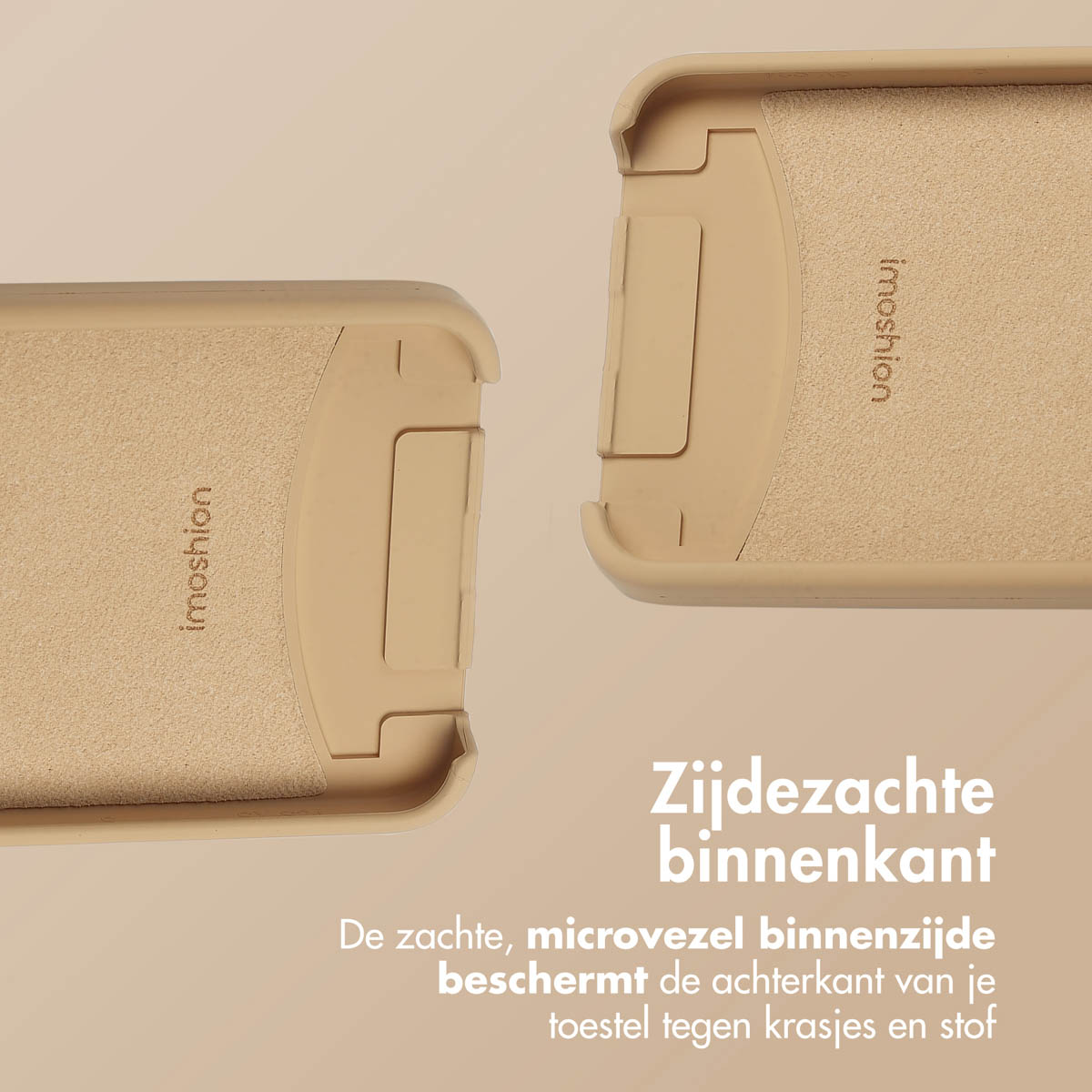 Twee telefoonhoes-helften, beige kleur, imoshion logo. Tekst: Zijdezachte binnenkant.