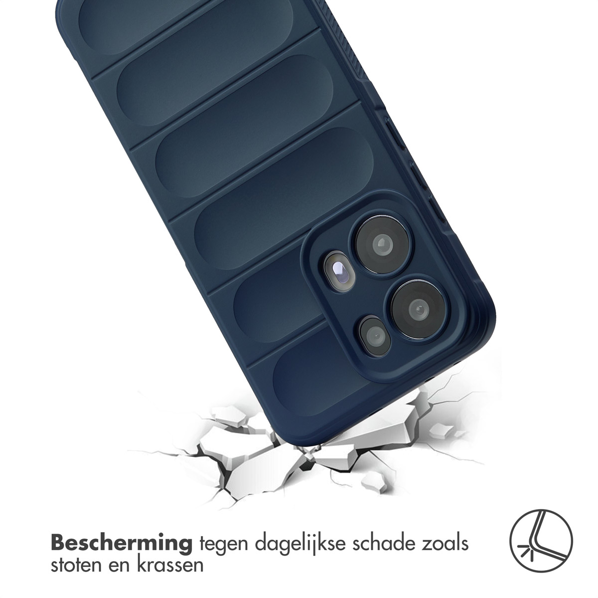Blauwe telefoonhoes valt en breekt een oppervlak. Tekst: Bescherming tegen dagelijkse schade.