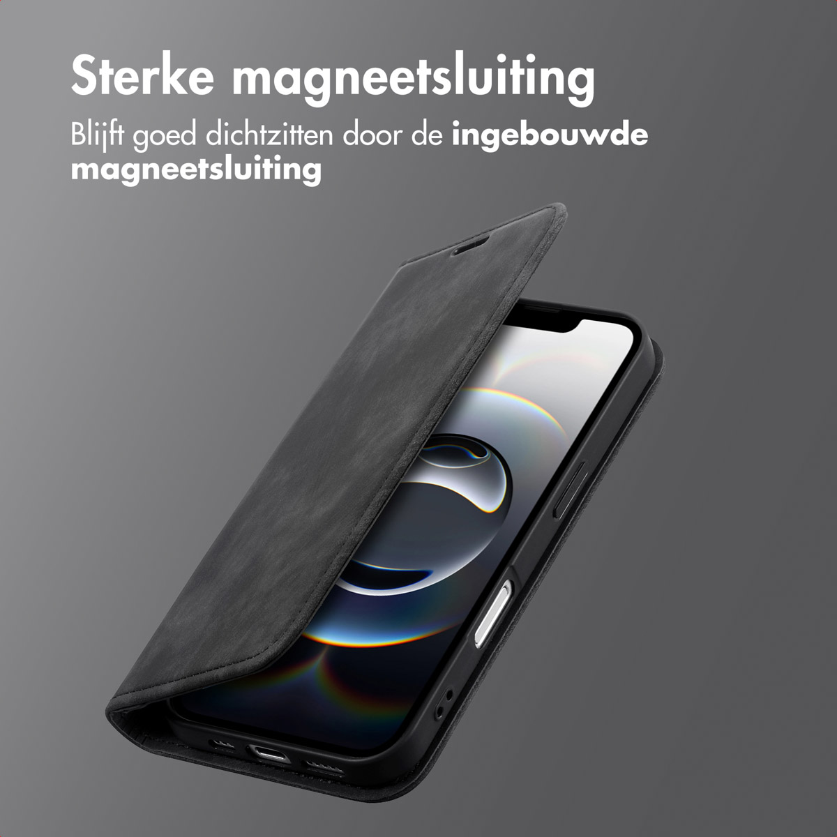 Étui de téléphone noir avec téléphone. L'étui est ouvert. Texte : Sterke magneetsluiting.