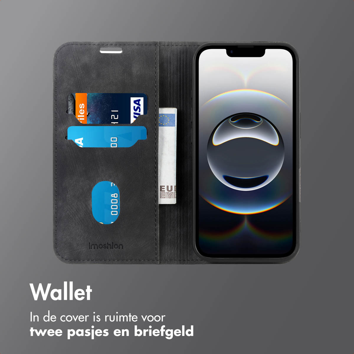 Étui portefeuille ouvert, montre cartes, argent et un téléphone. Fond gris.