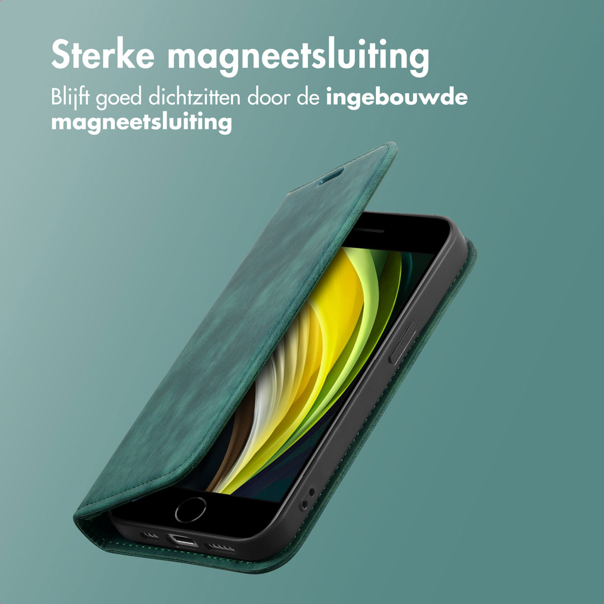 Grüne Handyhülle mit Telefon. Die Hülle ist offen. Text: Sterke magneetsluiting.