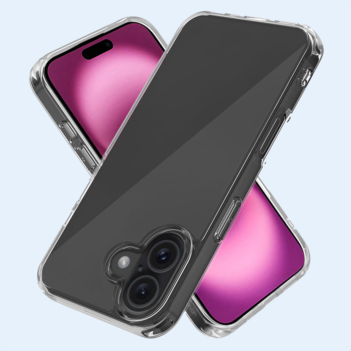 Twee doorzichtige telefoonhoesjes, één deels over een roze telefoon. Design.