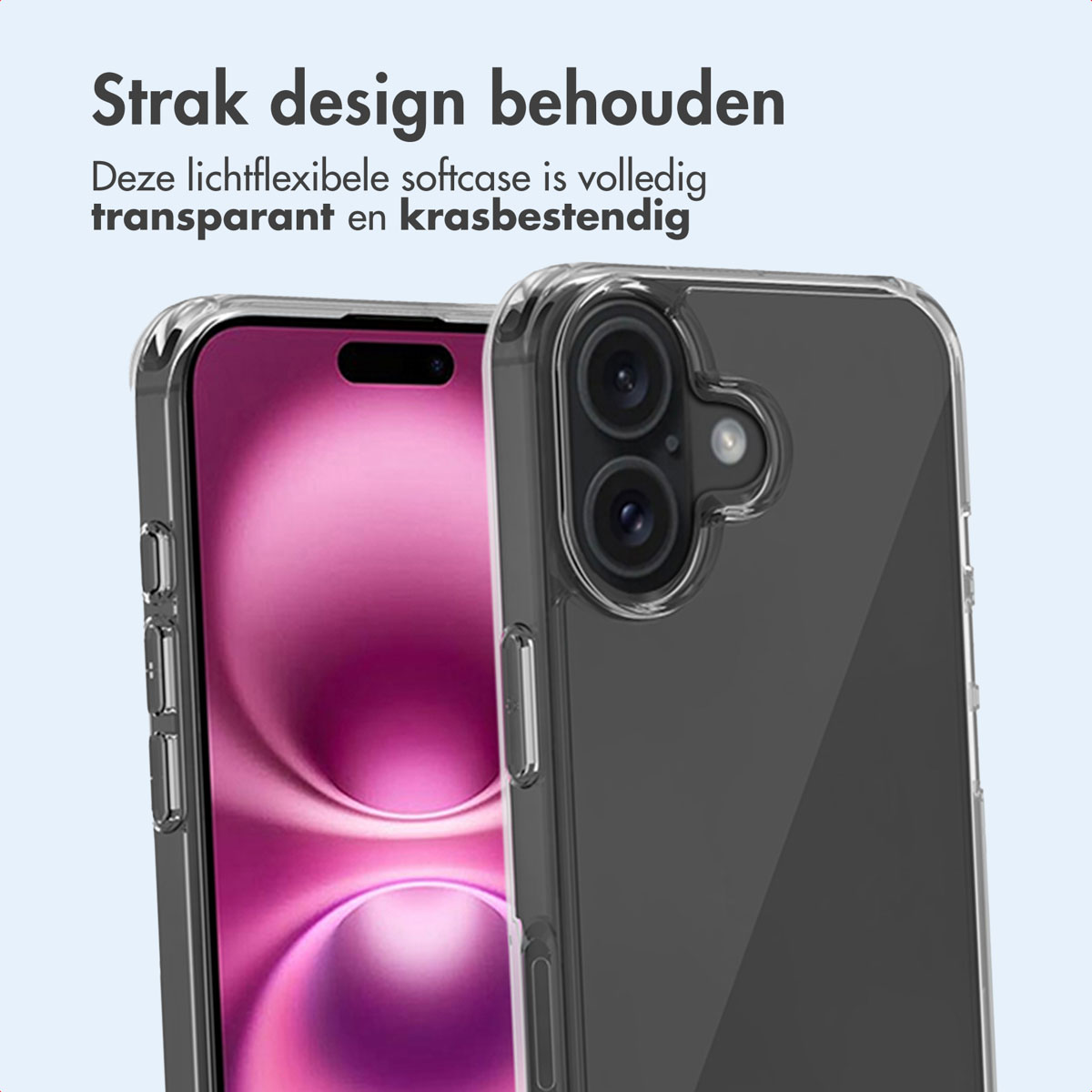 Twee doorzichtige telefoonhoesjes. Eén bedekt de telefoon, de ander ernaast.