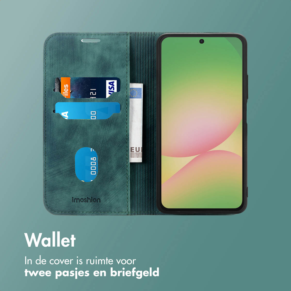 Étui portefeuille ouvert, montre cartes, argent et un téléphone. Fond vert.