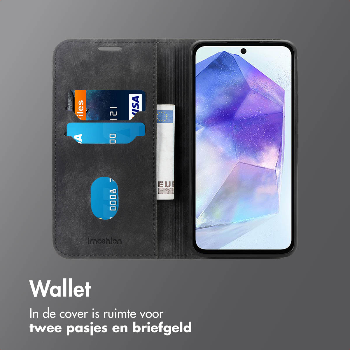 Portefeuille de téléphone gris ouvert, montrant cartes, argent et un téléphone affichant un design.