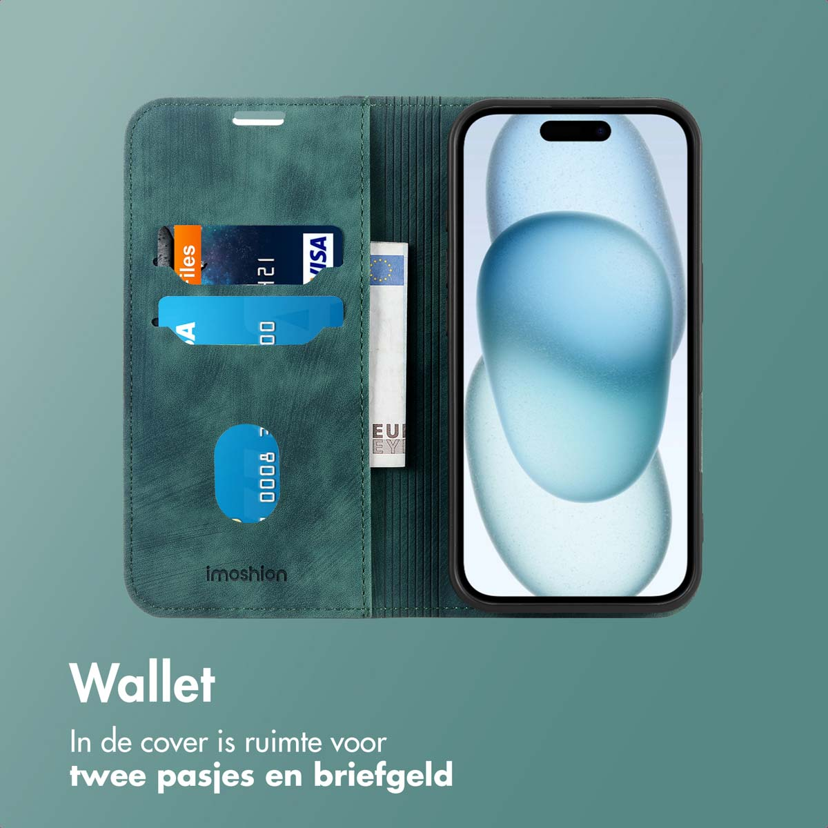 Groene telefoonportemonnee open, met kaarten, geld en een telefoon met een ontwerp.