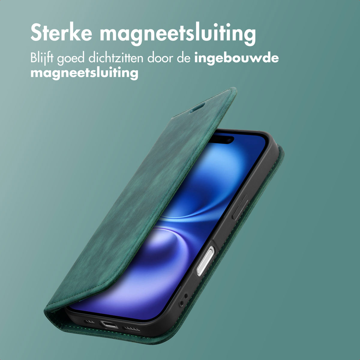 Grüne Handyhülle geöffnet. Das Telefon ist in einer schwarzen Hülle. Der Hintergrund ist grün.