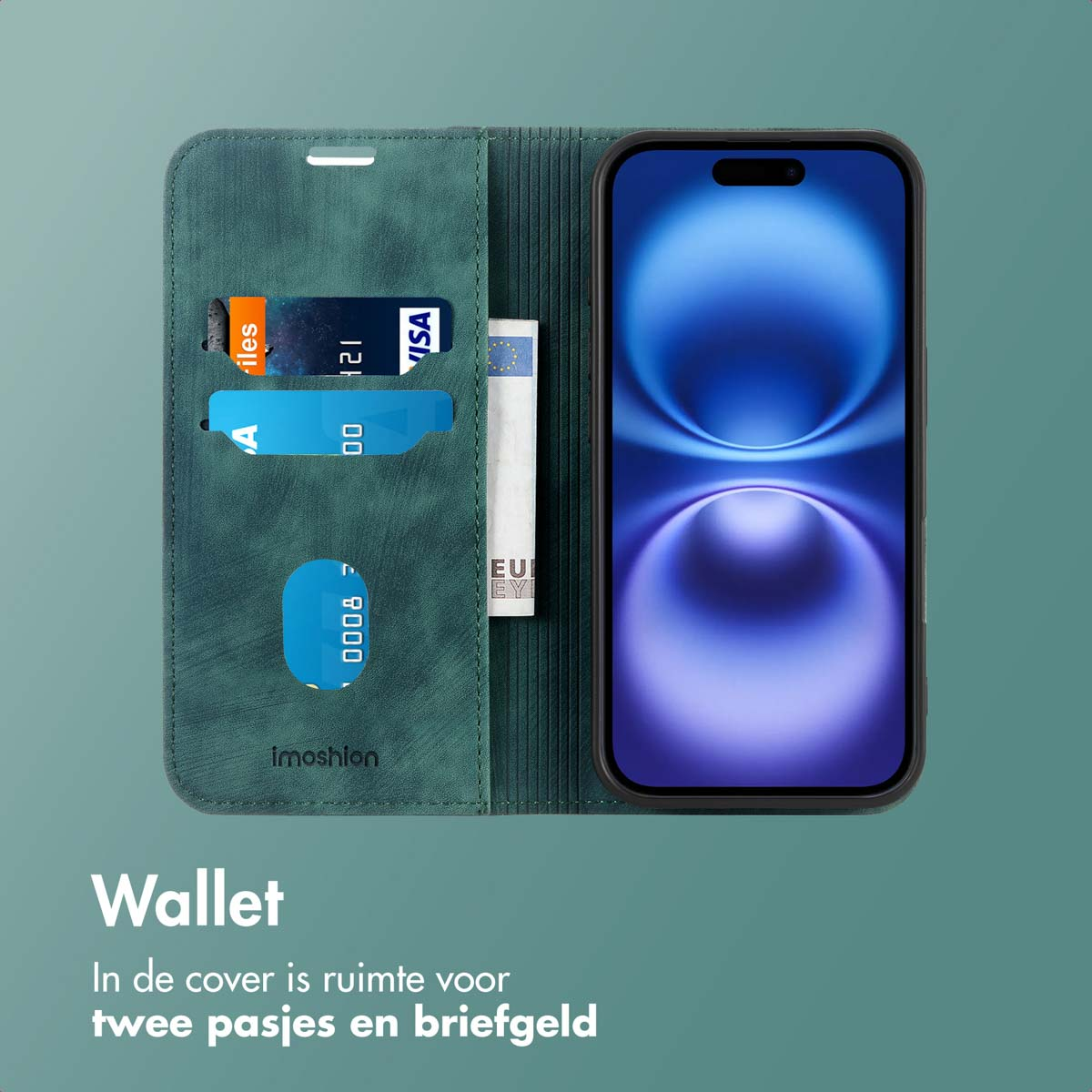 Grünes Handy-Portemonnaie geöffnet, mit Karten, Geld und einem Handy, das ein Design anzeigt.
