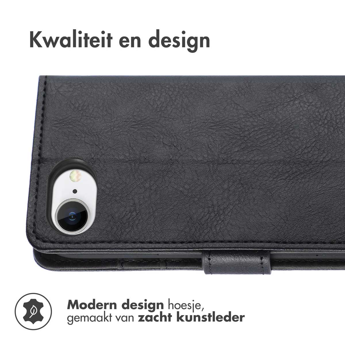 Zwarte leren telefoonhoes, camera-uitsparing. Tekst: Kwaliteit en design. Modern design hoesje, van zacht kunstleer.