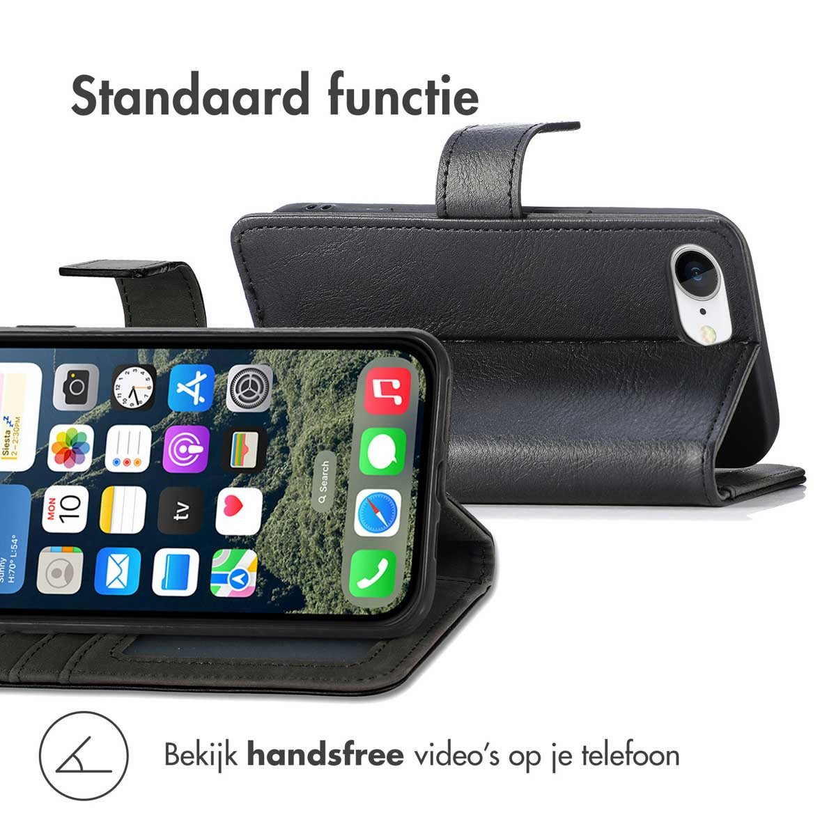 Zwarte telefoonhoes met telefoon erin. Telefoonscherm zichtbaar. Tekst: Standaard functie. Bekijk handsfree video's.