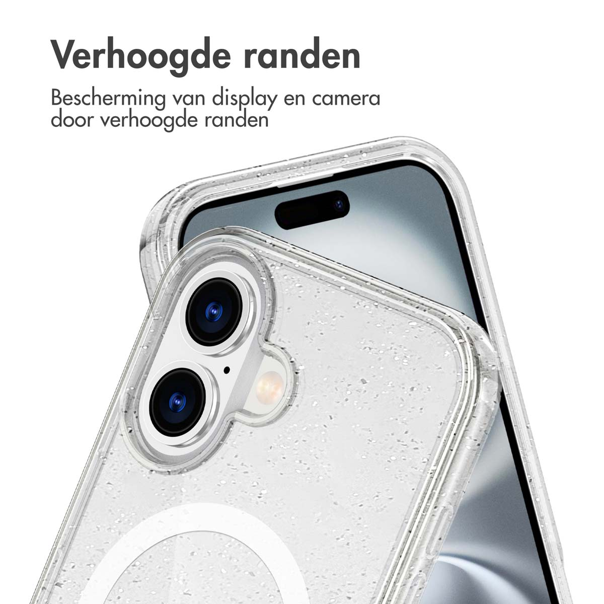 Transparante telefoonhoes met een telefoon erin. De camera is zichtbaar. De achtergrond is wit.