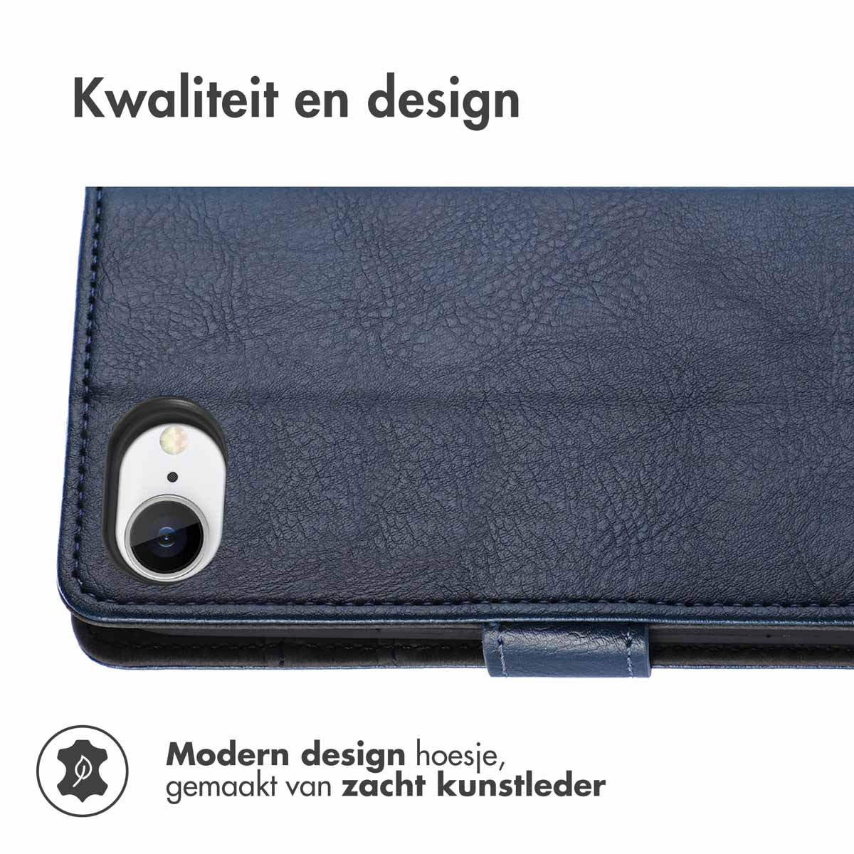 Blauwe leren telefoonhoes, camera-uitsparing. Tekst: Kwaliteit en design. Modern design hoesje, van zacht kunstleer.