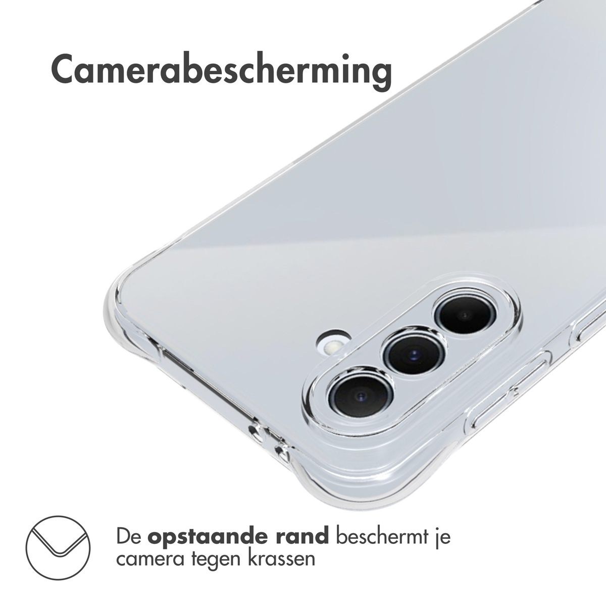 Transparante telefoonhoes met verhoogde randen. Drie cameralenzen zichtbaar. Text: Camerabescherming.