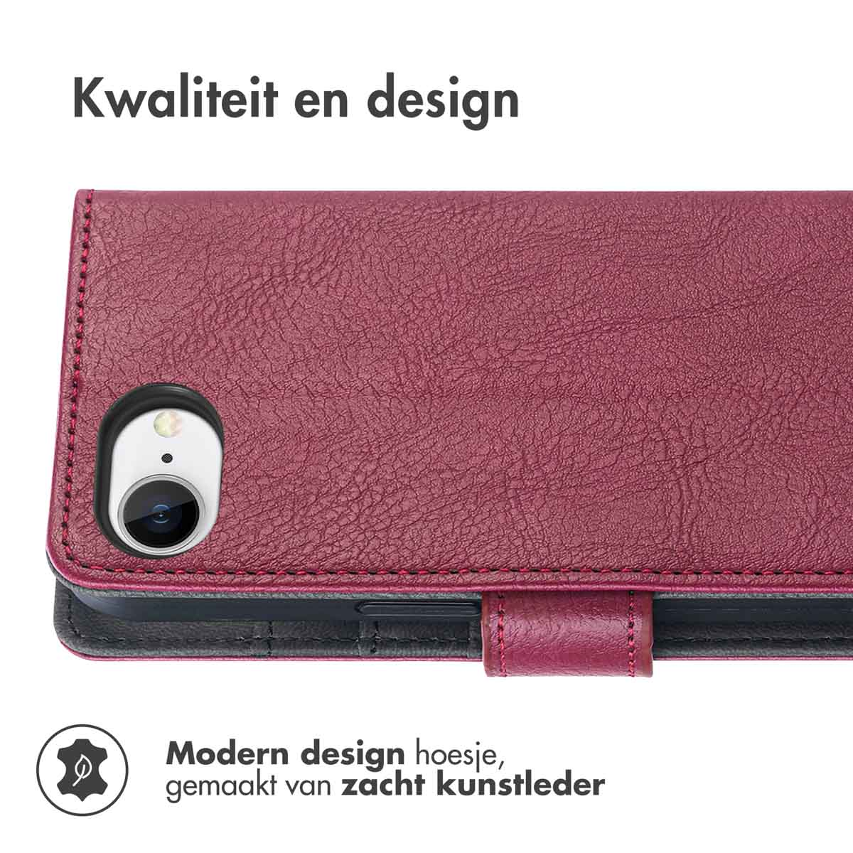Bordeaux leren telefoonhoes, camera-uitsparing. Tekst: Kwaliteit en design. Modern design hoesje, van zacht kunstleer.