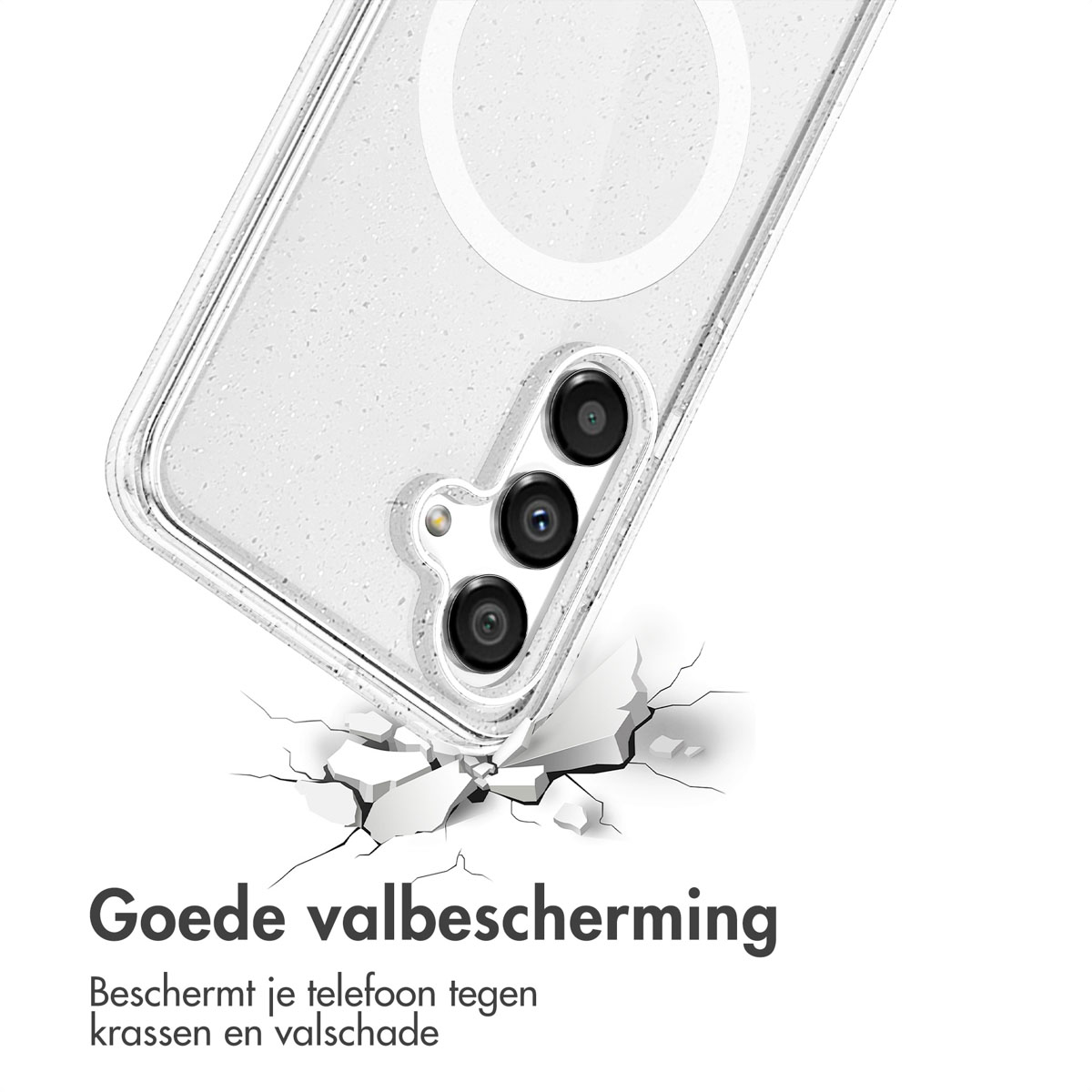 Transparante telefoonhoes op gebarsten oppervlak. Tekst: Goede valbescherming. Beschermt tegen krassen en valschade.