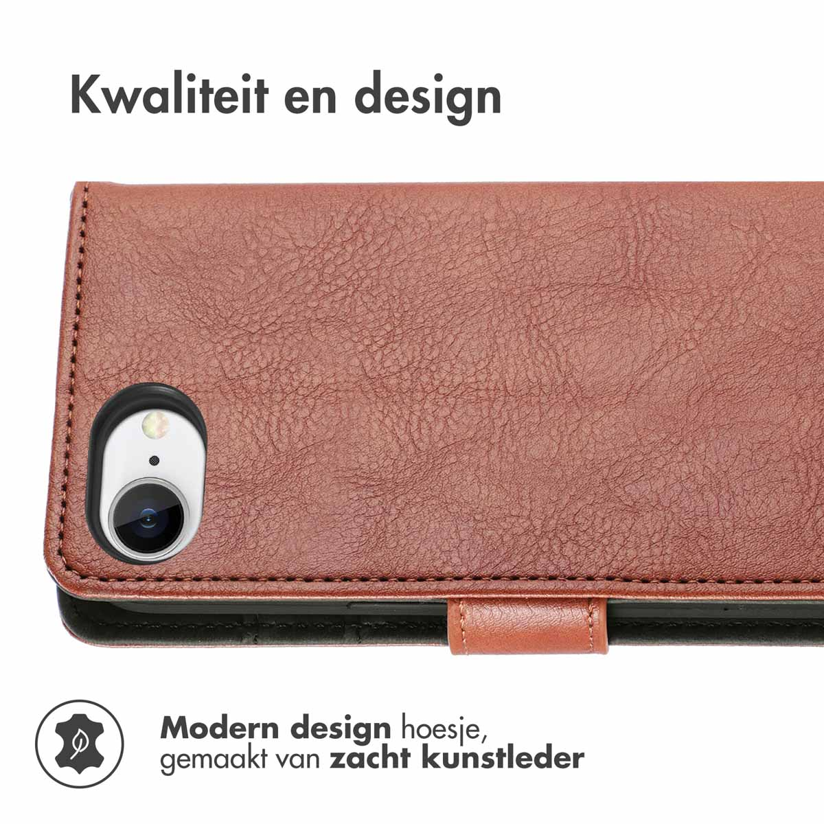 Bruine leren telefoonhoes, camera-uitsparing. Tekst: Kwaliteit en design. Modern design hoesje, van zacht kunstleer.