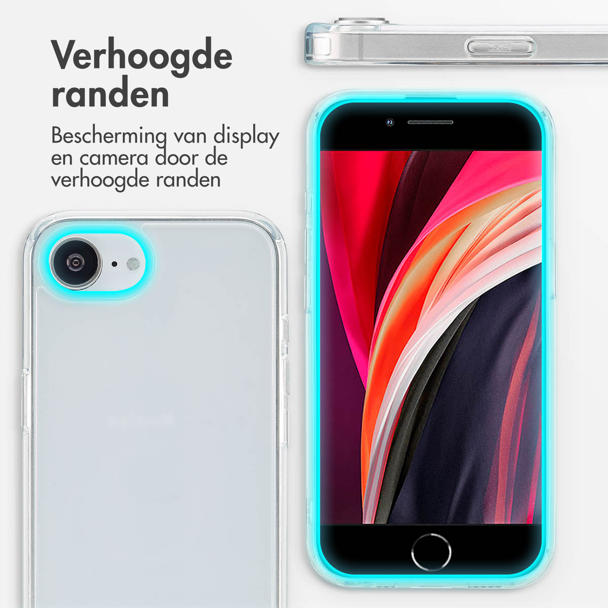Telefon in durchsichtiger Hülle. Text: Verhoogde randen. Schutz von Display und Kamera durch erhöhte Ränder.
