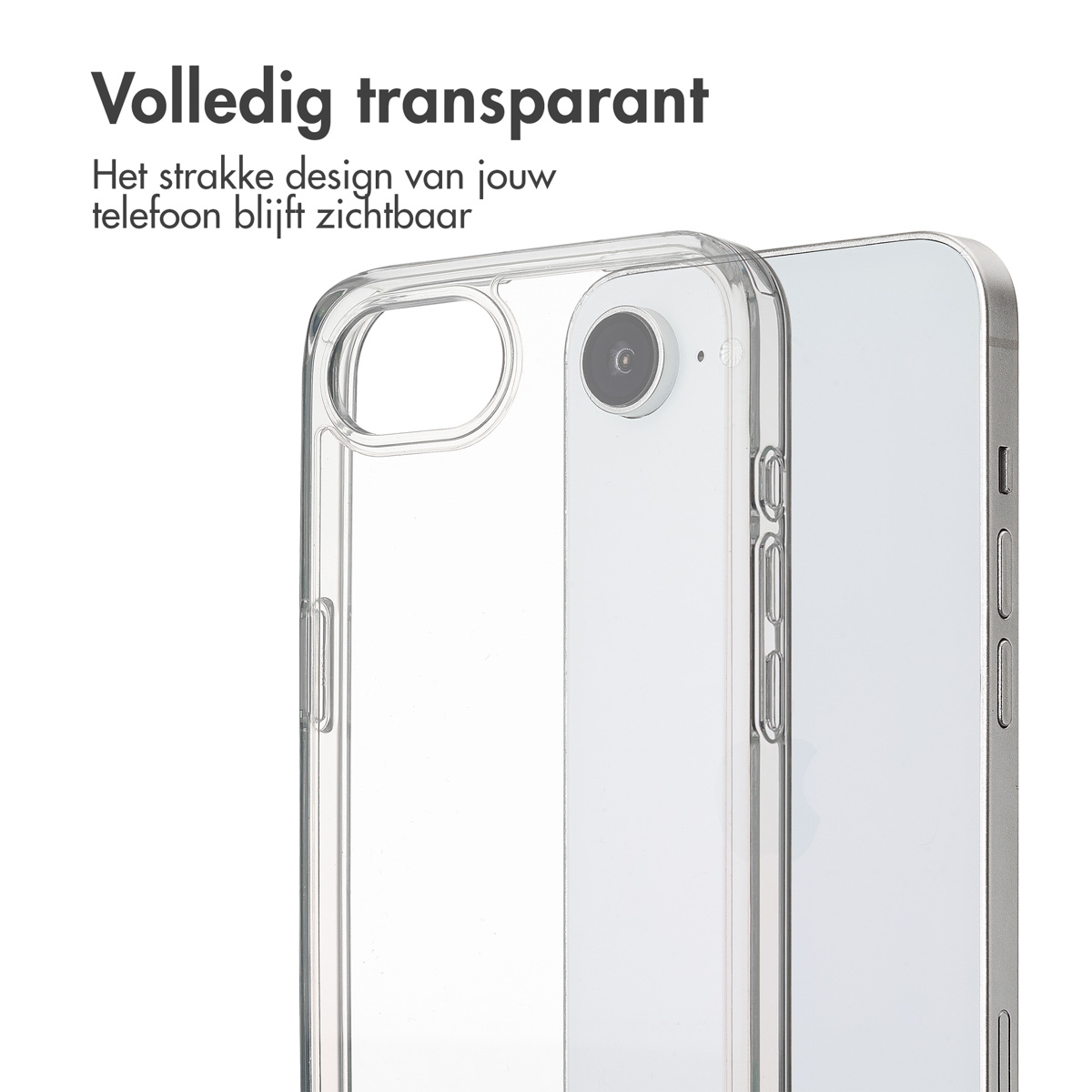 Telefon in klarer Hülle. Text: Vollständig transparent. Das schlanke Design bleibt sichtbar.
