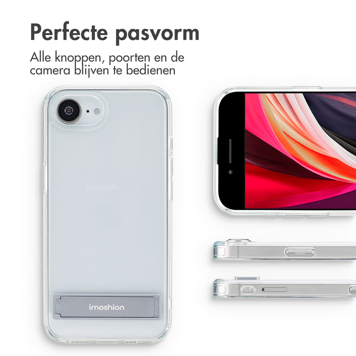 Telefon in klarer Hülle mit Ständer. Text: Perfekte Passform. Alle Tasten, Anschlüsse und die Kamera bleiben bedienbar.