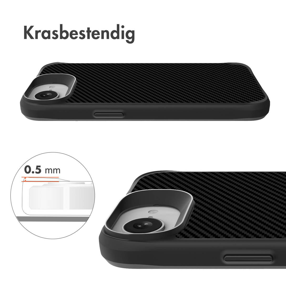 Deux coques de téléphone sont présentées. Les coques sont noires avec un motif en fibre de carbone. La coque inférieure montre un encart.
