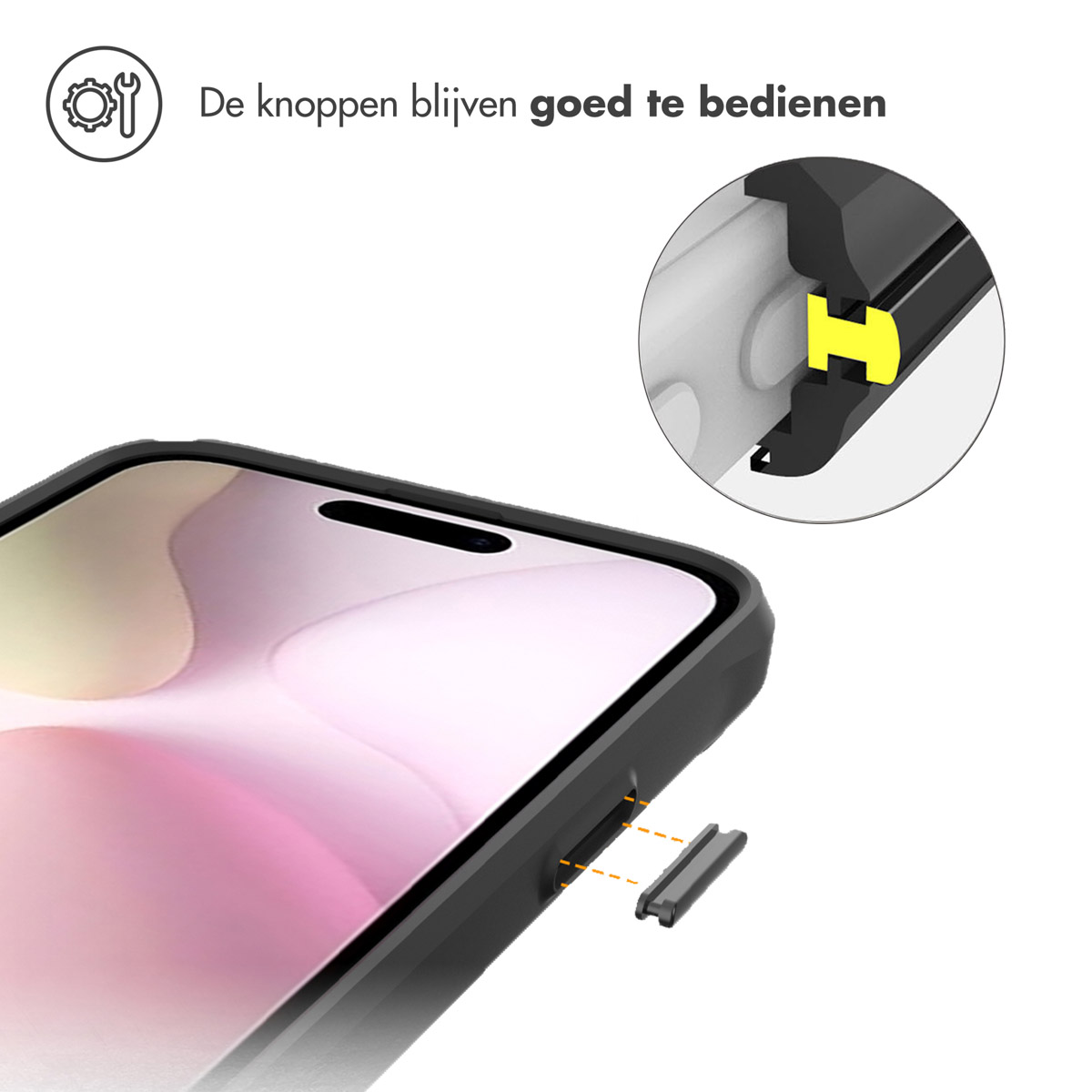 Téléphone avec coque noire, détail du bouton visible. Texte : Les boutons restent faciles à utiliser.