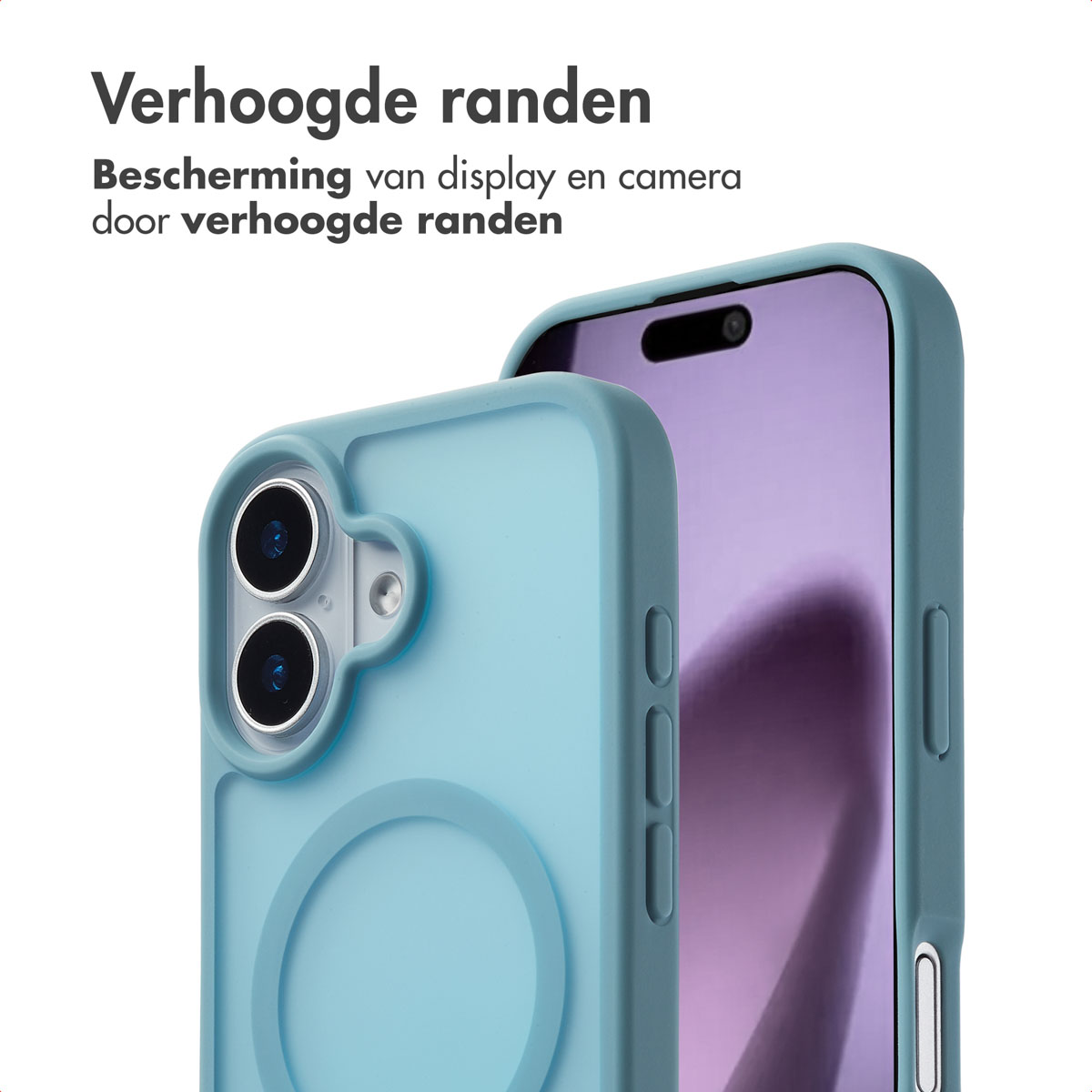Blauwe en blauwgroene telefoonhoesjes naast elkaar, met tekst erboven.