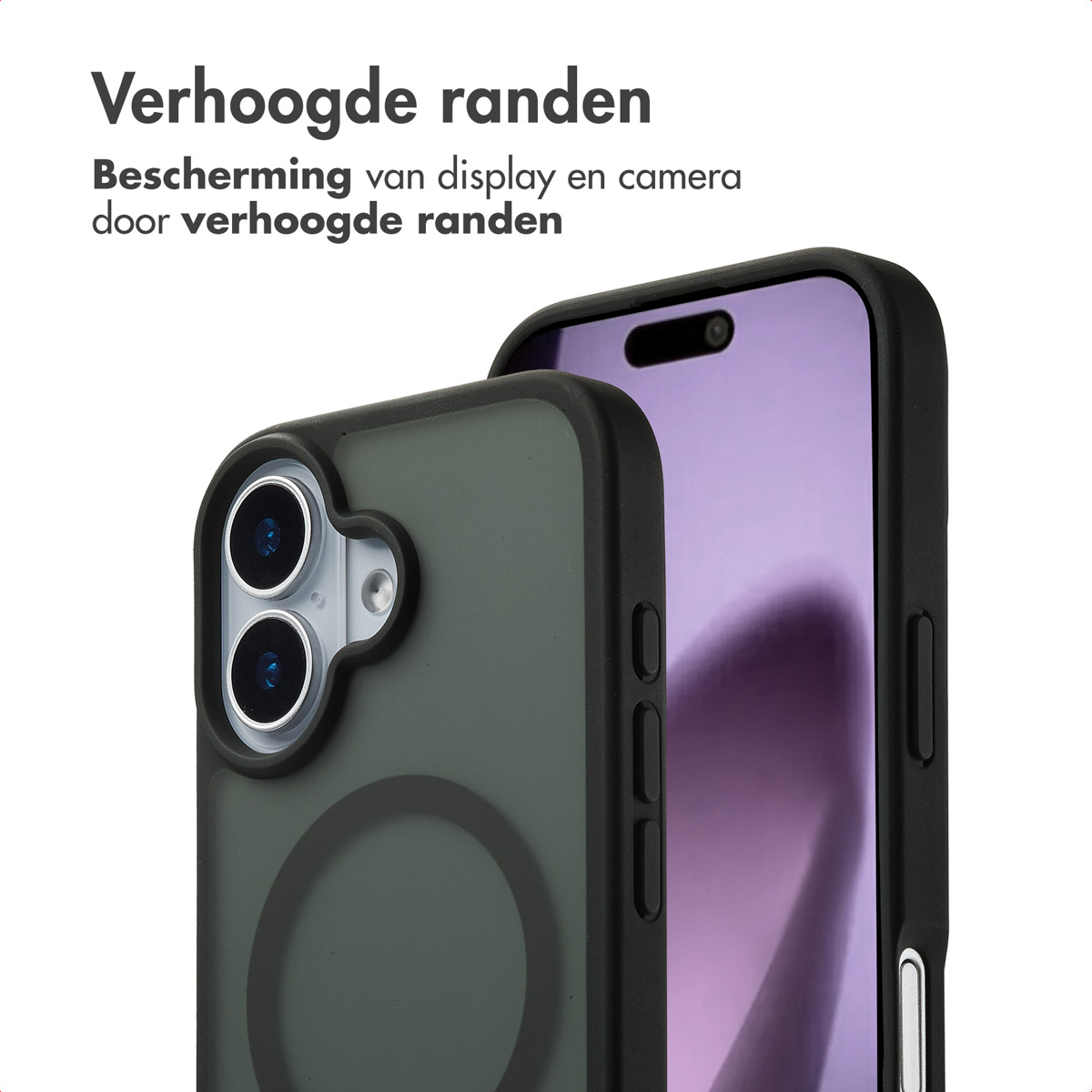 Telefoon en hoesje met een MagSafe-ring, met tekst erboven.