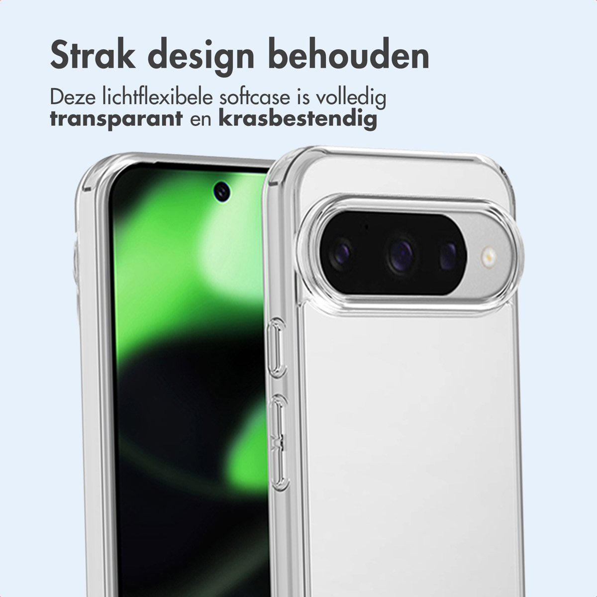 Two phones in clear cases, one showing the back and the other the screen, with text above.