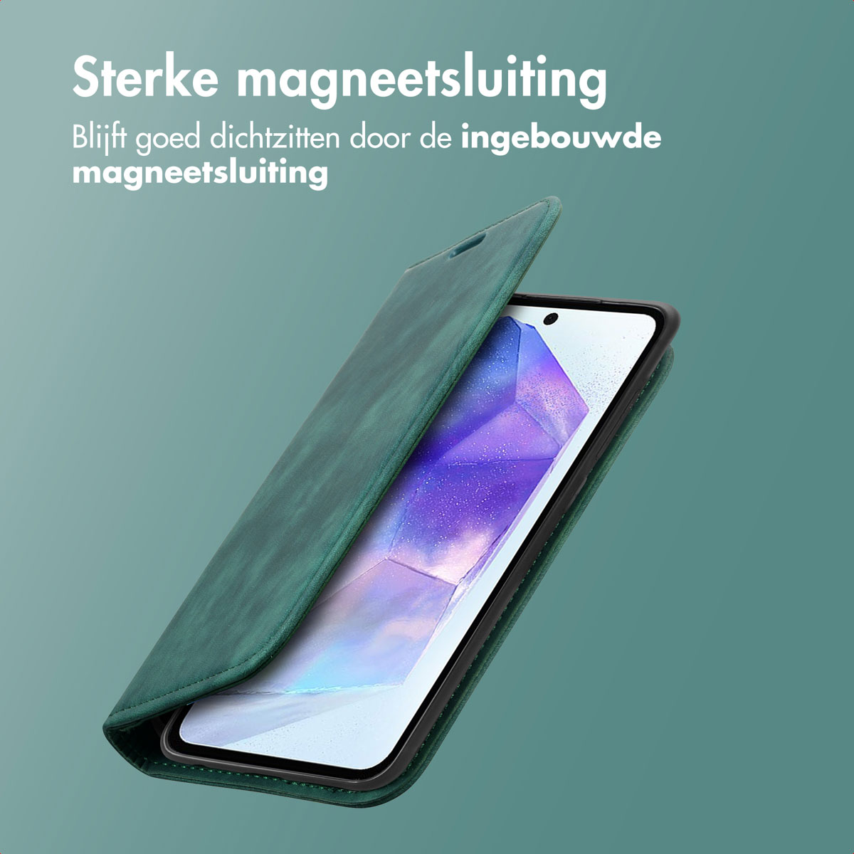Téléphone dans un étui. Texte: Sterke magneetsluiting. Reste fermé grâce à la fermeture magnétique intégrée.