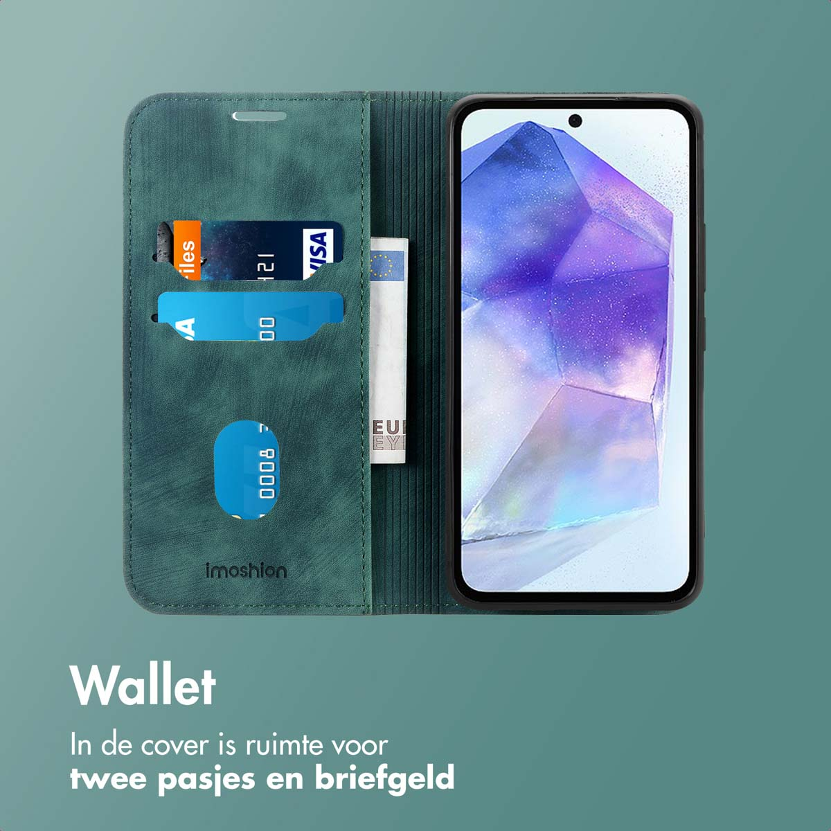 Un étui portefeuille vert avec un téléphone à l'intérieur. Cartes et argent sont visibles.