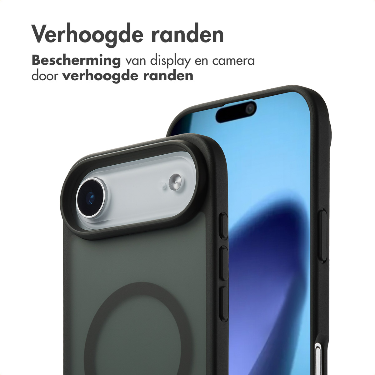 Blauwe telefoonhoes met een telefoon, plus zijaanzicht en achteraanzicht van de hoes.