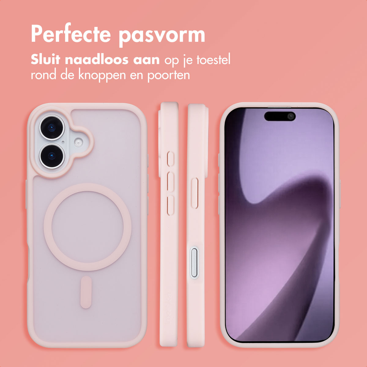 Vier telefoonhoesjes, roze. Eén toont een telefoon. De andere drie tonen zijkanten. De achtergrond is roze.