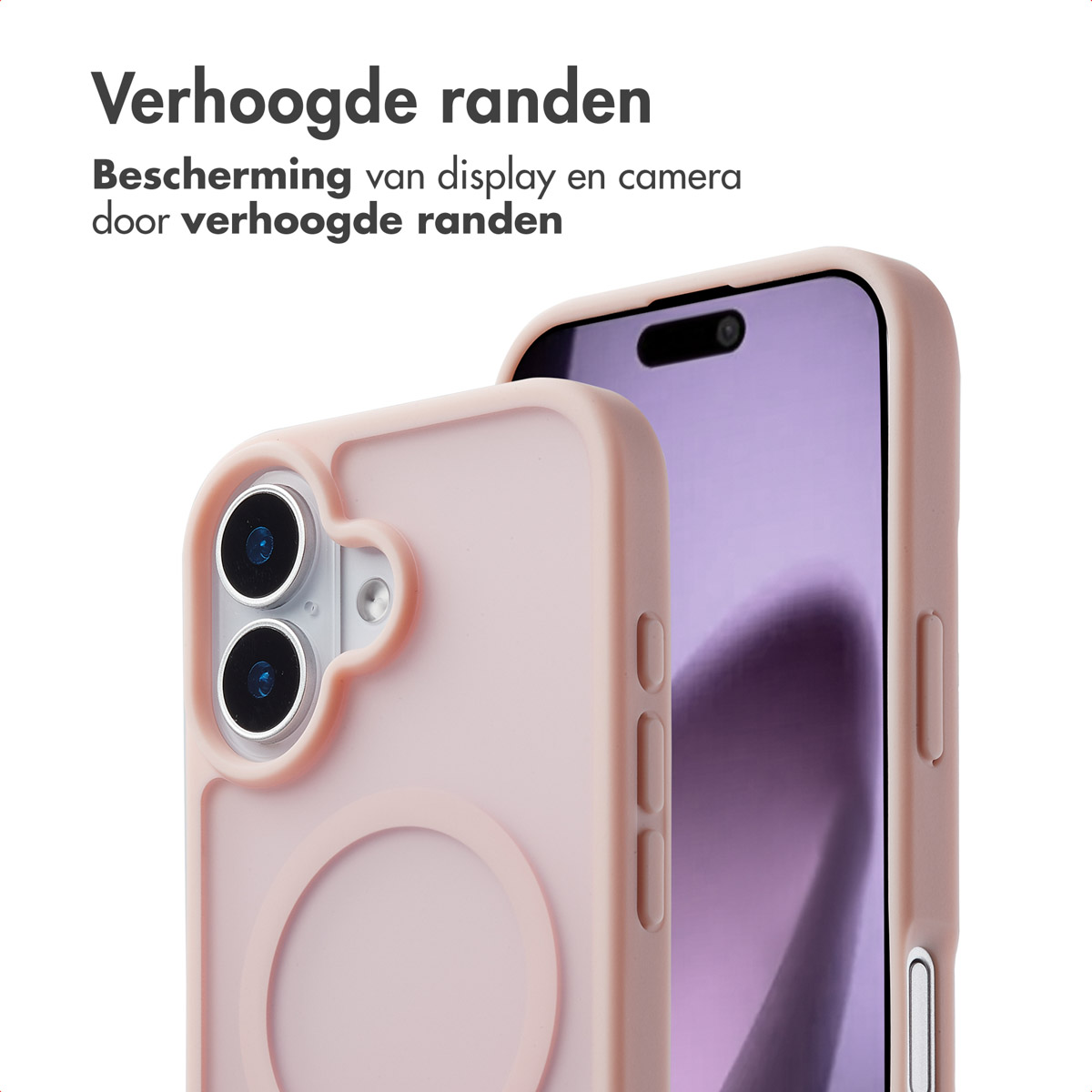 Twee telefoonhoesjes, één voor de ander, met een camerabult en een roze ring op een roze hoesje.