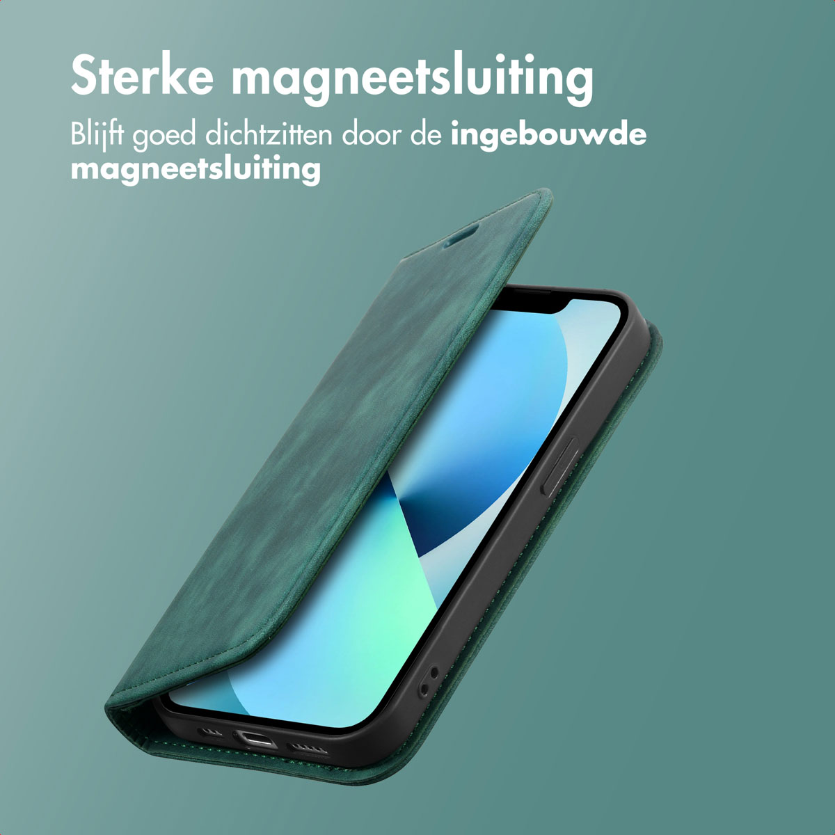 Eine grüne Handyhüllen-Geldbörse geöffnet, mit einem Telefonbildschirm, der angezeigt wird. Der Fall ist auf grünem Hintergrund.