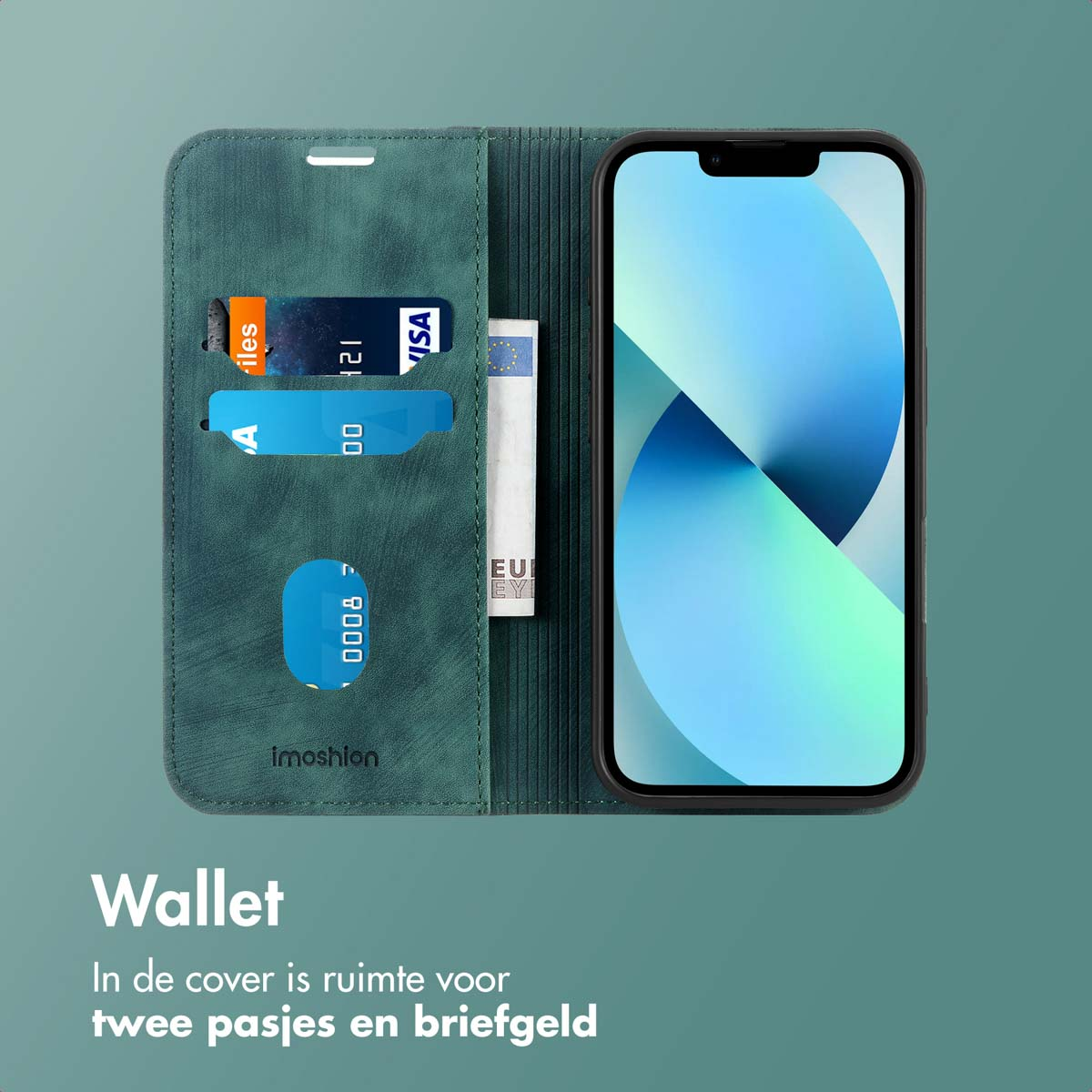 Grüne Handy-Brieftasche mit Karten und Geld in den Fächern, mit offenem Handy, das einen Bildschirm anzeigt.