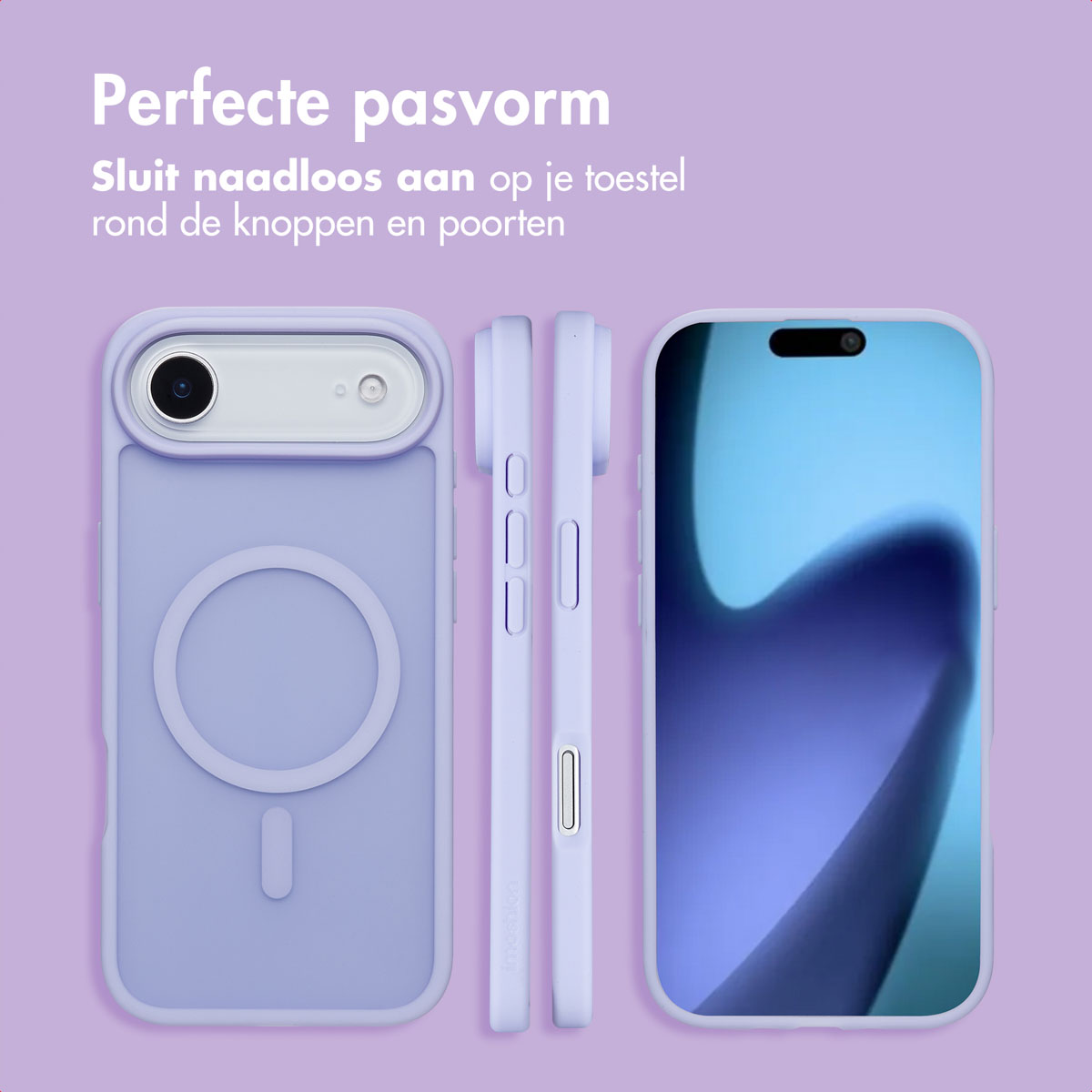 Vier telefoonhoesjes, paars. Eén toont een telefoon. De andere drie tonen zijkanten. De achtergrond is paars.