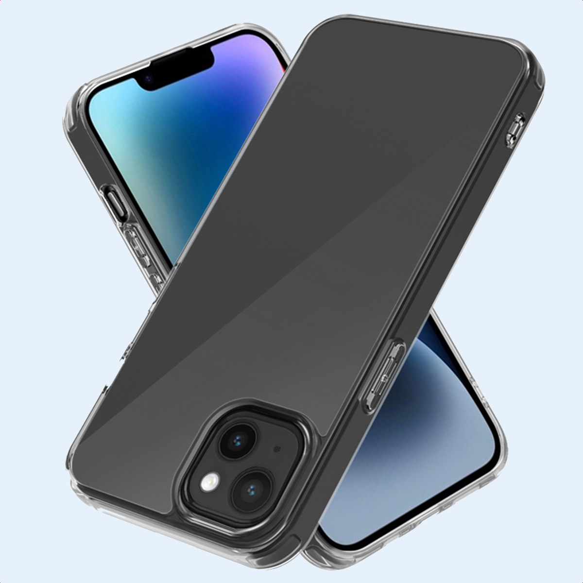 Deux téléphones, un devant et un derrière, dans une coque transparente, sur un fond bleu clair.