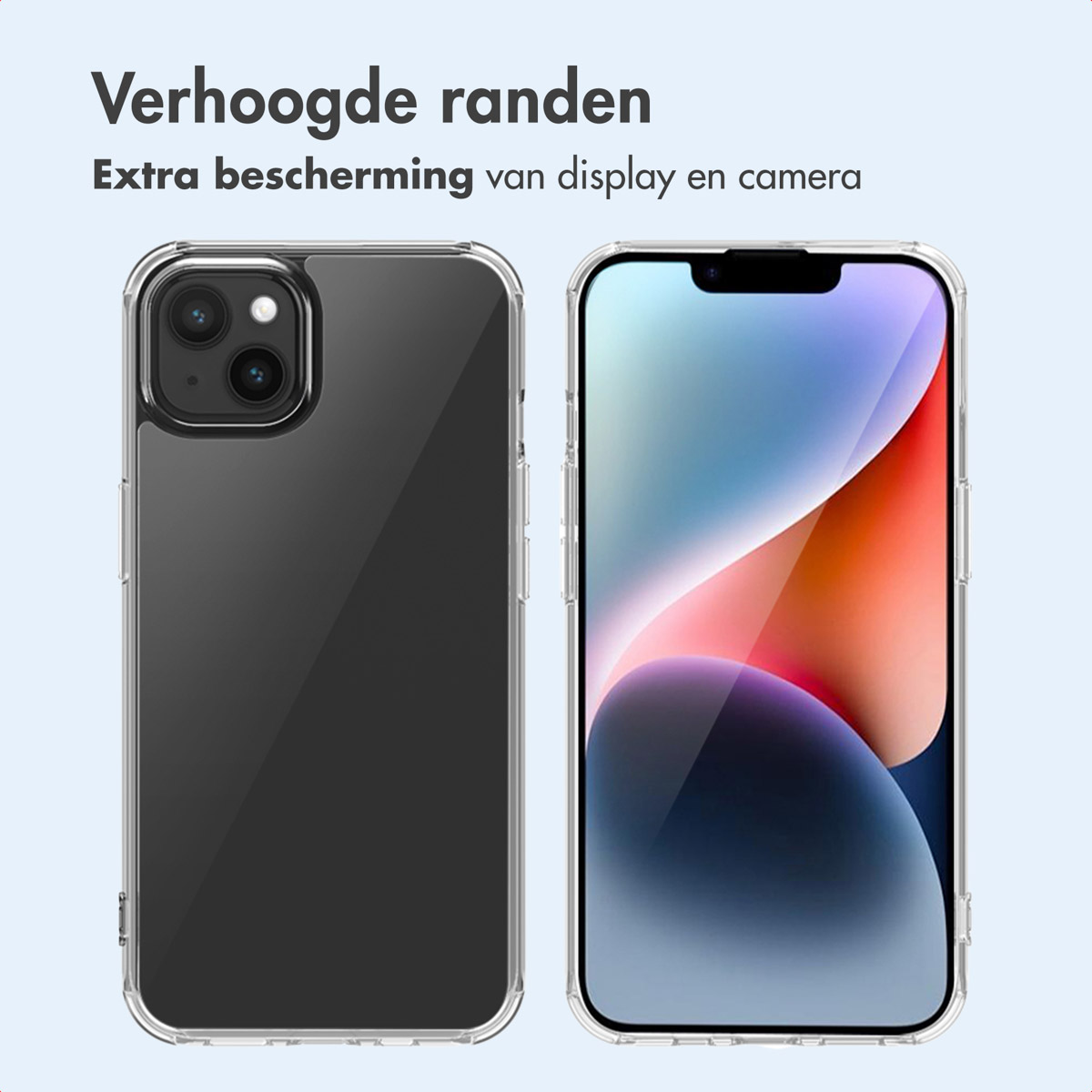 Deux téléphones dans des étuis, un transparent, un noir. Les étuis ont des bords surélevés. Le fond est bleu clair.