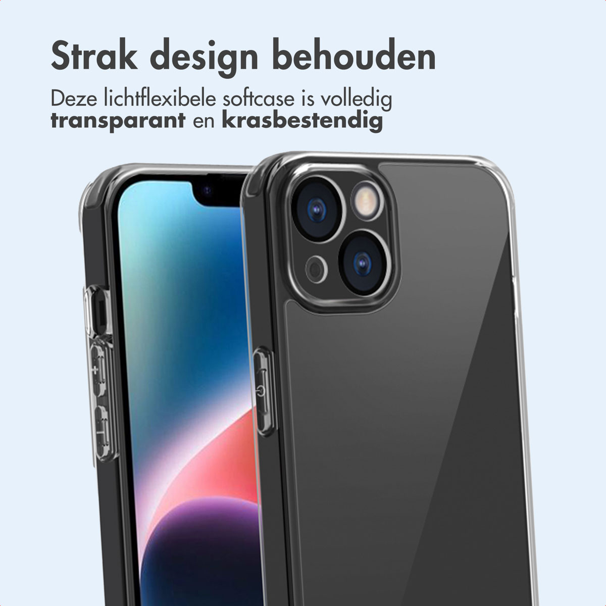 Deux téléphones, un devant l'autre, dans une coque transparente, sur un fond bleu clair.