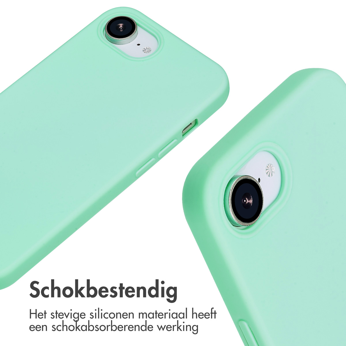 Twee mintgroene telefoonhoesjes met een camera-uitsparing. De achtergrond is wit.