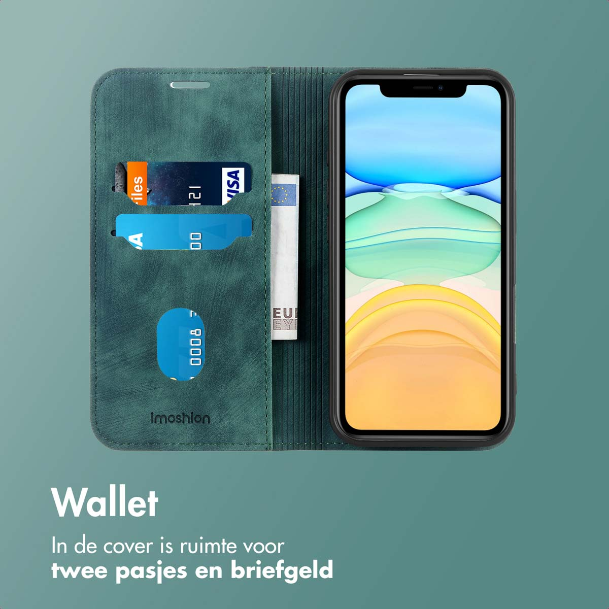 Étui portefeuille vert pour téléphone avec emplacements pour cartes, contenant des cartes et un téléphone. Le fond est un dégradé vert.
