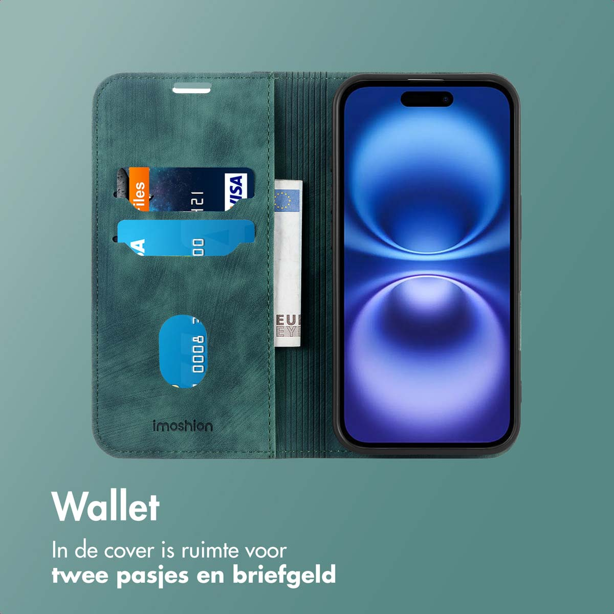 Custodia a portafoglio verde con carte e telefono. Un telefono è a destra.