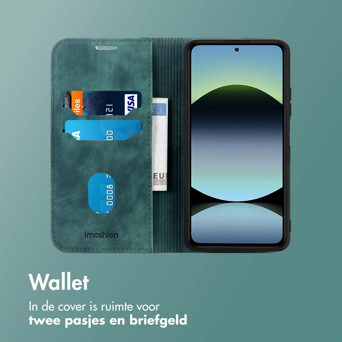 Een teal telefoonhoesje met een portemonnee-ontwerp. Binnenin twee kaartsleuven en ruimte voor bankbiljetten. Tekst: Portemonnee. Biedt plaats voor twee kaarten en biljetten.
