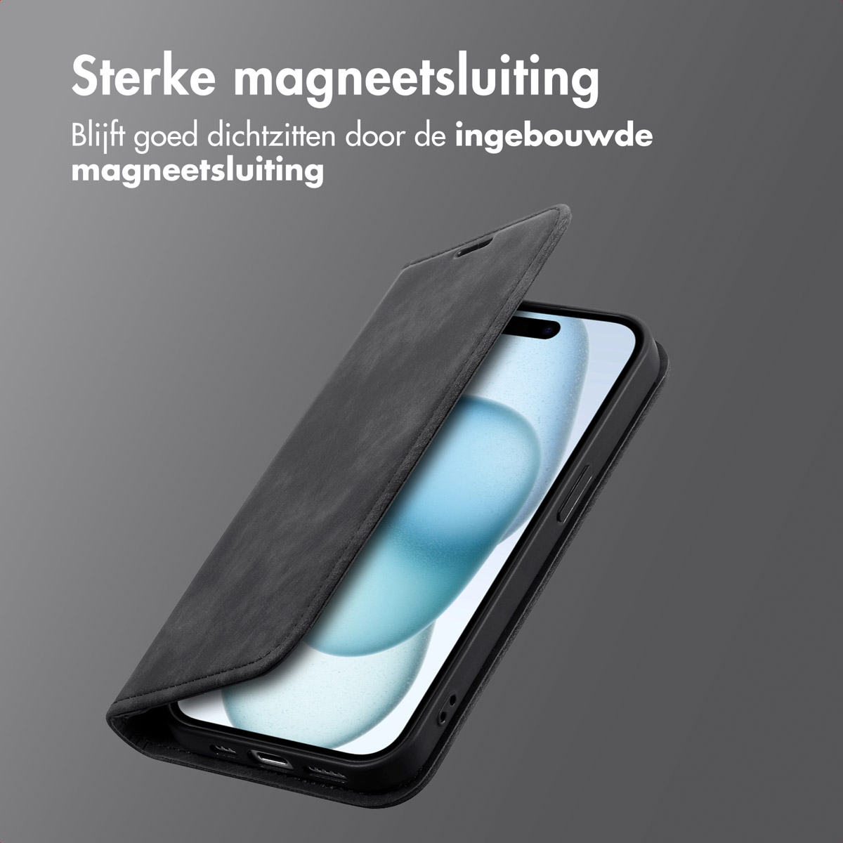 Een zwarte telefoonhoes gaat open om een telefoon te onthullen. Tekst: Sterke magnetische sluiting.