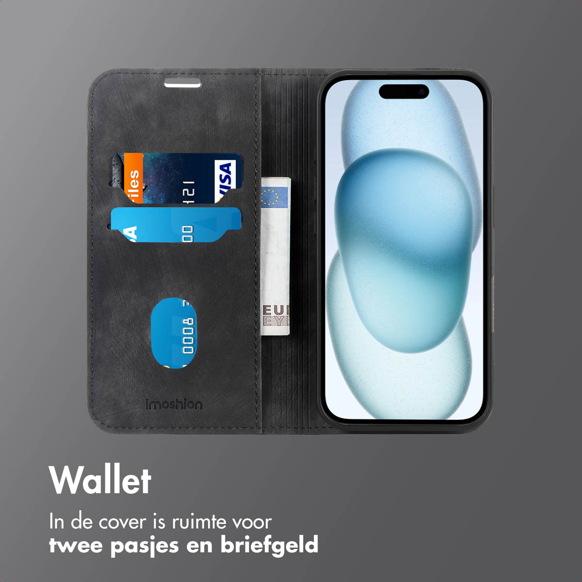 Een zwarte telefoonhoes met kaartsleuven, met creditcards en een biljet. Tekst: Portemonnee.