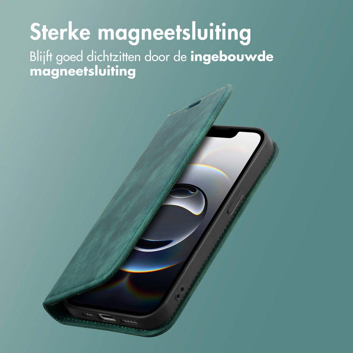 Een groene telefoonhoes gaat open om een telefoon te onthullen. Tekst: Sterke magnetische sluiting.