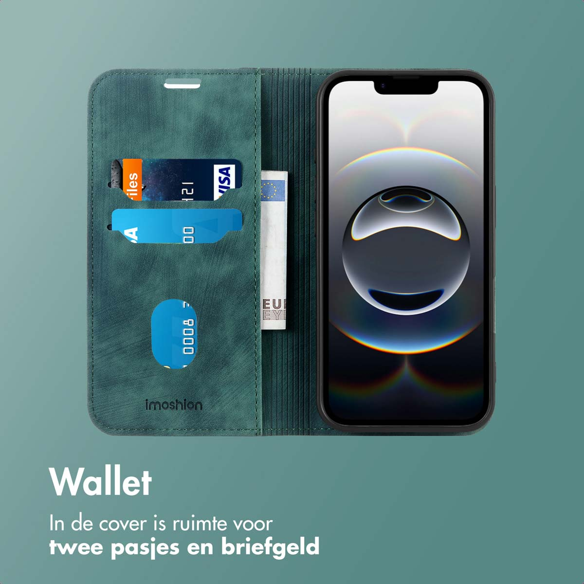 Een groene telefoonhoes met kaartsleuven, met creditcards en een biljet. Tekst: Portemonnee.