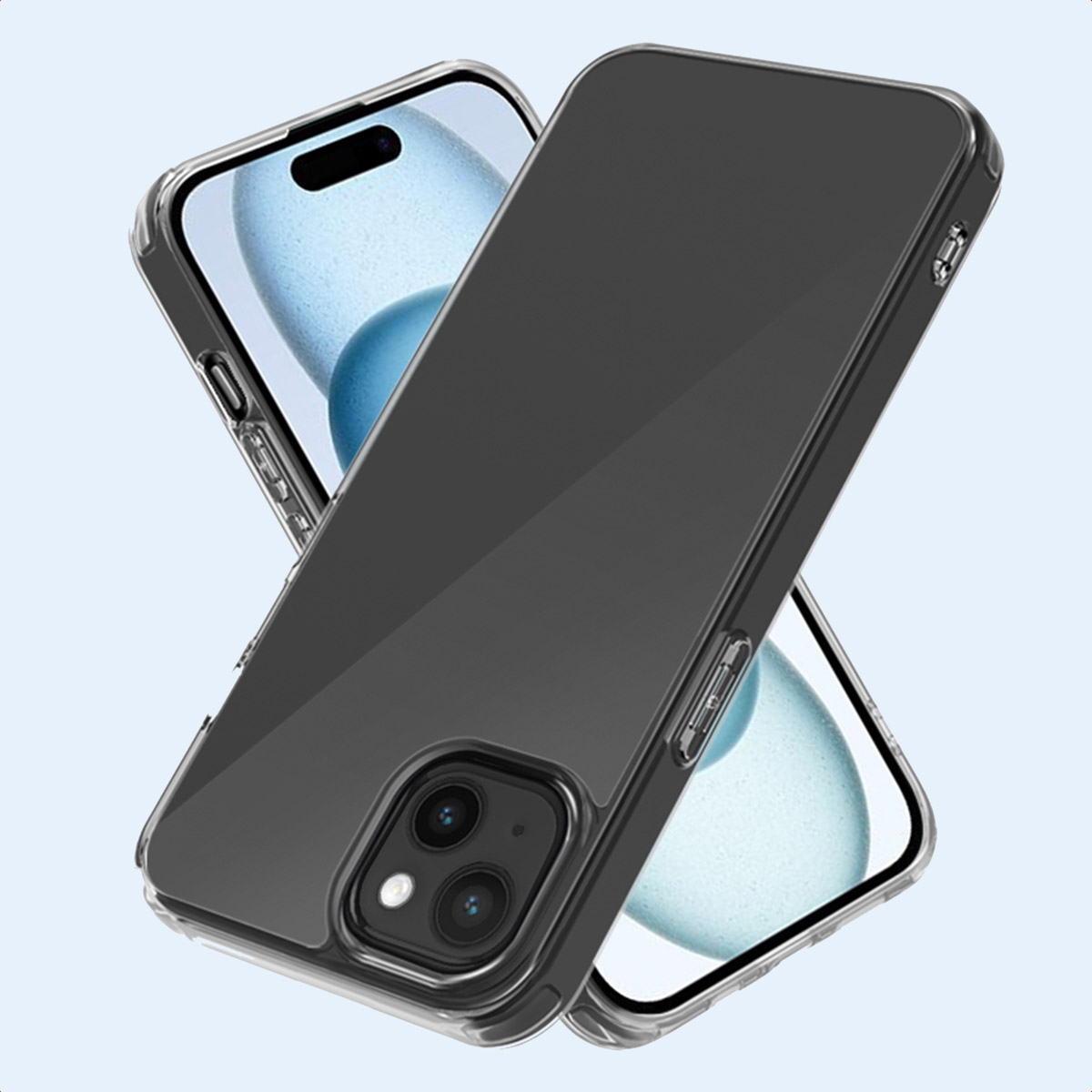 Two phones in clear cases are shown, slightly overlapping. Cases have a transparent appearance.
