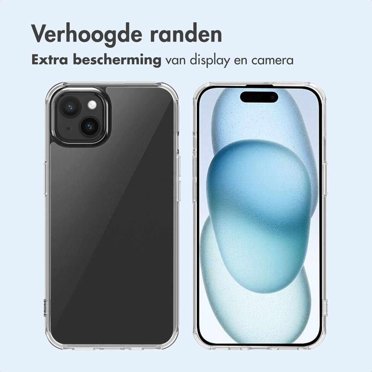 Clear phone case on the left and the phone on the right. The phone has a blue background.